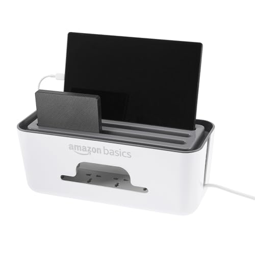 Image of Amazon Basics - Cable Management Box with Mobile Stand - Power Strip, Cords, Wires | Surge Protector Hiding Cover Organizer for Home, Office (White)