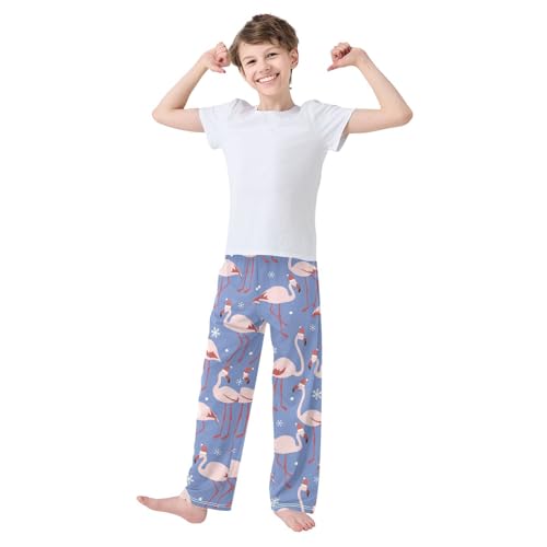 Xmas Flamingo Snowflake Boys Long Pants Soft Trousers Elastic Waist Kids Lounge Bottoms with Pockets S-XL2