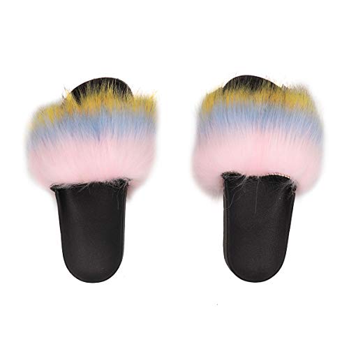 surell - Womens Faux Fox Fur Strap Slippers - Fluffy Furry Soft Footwear Slides for Indoor Outdoor Use - Soft Comfortable Shoes - Fuzzy Rainbow Striped Vacation Slide (Size 6, Blue/Yellow/Pink)