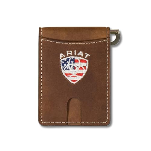 ARIAT Men's Leather Bifold Money Clip Wallet with American Flag Shield Embroidery