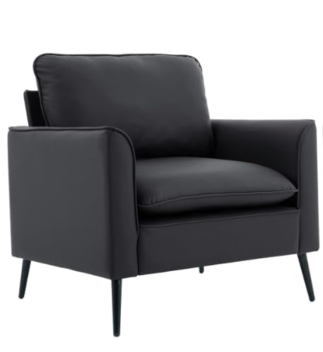 gonew21 Nordisch-Retro Polstersessel & Ohrensessel aus Kunstleder mit Kopf- & Lendenkissen – Loungesessel ergonomisch, als Einzelsitzer für Wohnzimmer, Balkon, Schlafzimmer, Schwarz