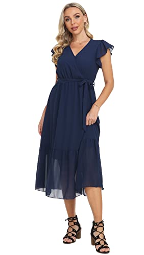 Image of VintageClothing Womens Sundress Casual Floral Summer Boho Dress | Flowy Wrap V Neck Ruffle A-Line Pleated Hem Midi Dresses