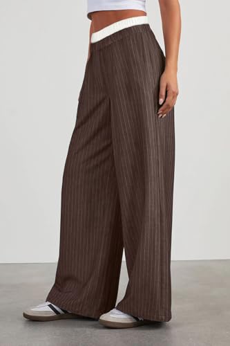 Lesore Womens Striped Color Block High Elastic Waist Wide Leg Pants Trousers Long Straight Suit Pants3