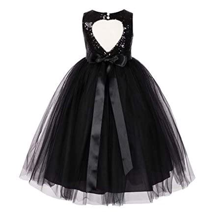Image of Baby Girl's Round Neck Floor-Length Anarkali Net Satin Evening Dress with Black Sequins Kids Birthday Gown