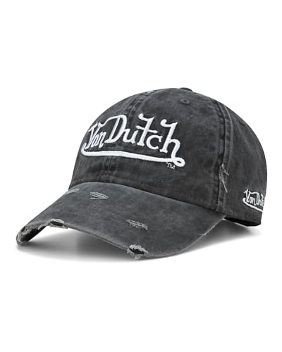 Von Dutch Men & Womens Baseball Caps - Breathable Adjustable Snapback Soft Cotton Canvas Curved Brim Vintage Hat, Size One Size, Black Distressed