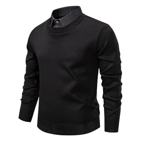 Generisch Col de chemise - Pull en tricot fin pour homme - Faux pull 2 en 1 - Pull d'hiver - Col rond - Tricot fin - Pull business - Basic - Pull en tricot chaud, Noir ,...