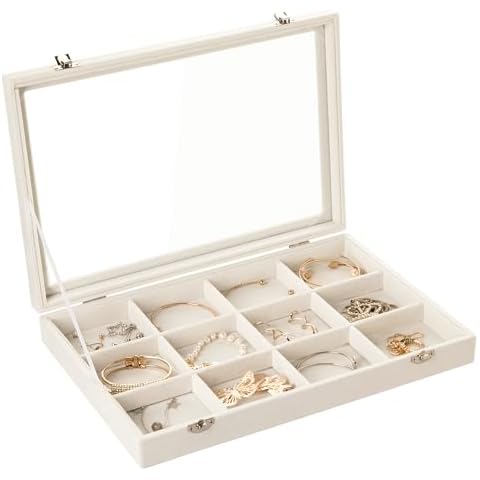 Frebeauty Velvet Jewelry Tray,12 Grid Jewelry Organizer with Clear Lid,Bracelets Holder,Jewelry Display Case with Clasp,Drawer Insert Bangle Brooch,13.8 x 9.5 x 2 Inches,Gift for Women Girls(Beige) Cover