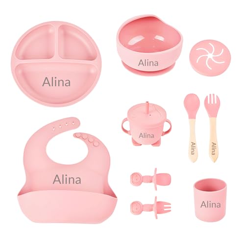Set de alimentación de silicona personalizado para bebé con nombre, suministros de alimentación personalizada para bebés con cuchara, tenedor, cuencos de silicona con ventosa, taza y plato Rosa Claro