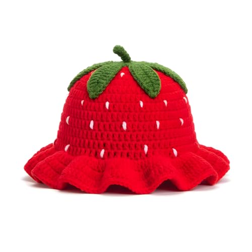 ComfyCamper Knitted Strawberry Hat - Womens Adult Mens Women Crochet Fruit Summer Cosplay Halloween Costumes