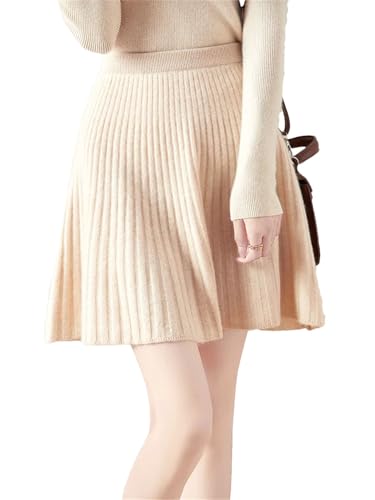 Women Fall Winter Preppy Style Pleated Skirt 100% Merino Soft Cashmere Short Above Knee Wool Skirts Beige XL