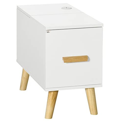 HOMCOM Mesa Auxiliar Nórdica Mesilla de Noche con Tapa Abatible Cajón y Patas de Madera de Caucho para Salón Dormitorio 60x30x48,5 cm Blanco