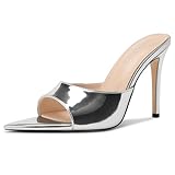 TNYNFBEB Womens Stiletto High Heel Peep Open Pointed Toe Sandals Mules Shoes Slip-on Slingback Office Party Dress Patent Leather Summer 3.9 Inches Heels Silver 9.5 M US