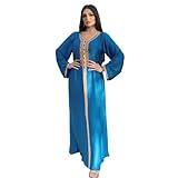 PolyJolly Brightblue Bead Abaya Dress for Women Dubai Sadui Falbala Jalabiya Maxi Dress M
