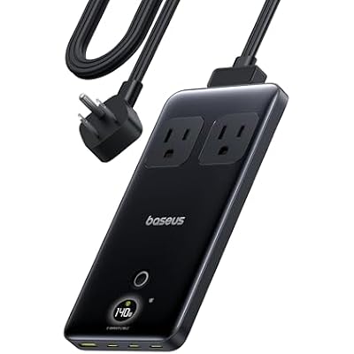 Baseus Blade Charging Station 140W, 6-in-1 Compact USB C Power Strip with 5ft Detachable Flat Extension Cord, Digital Display, Slim Fast Desktop Charger for Work and Travel (Not a Portable Battery)