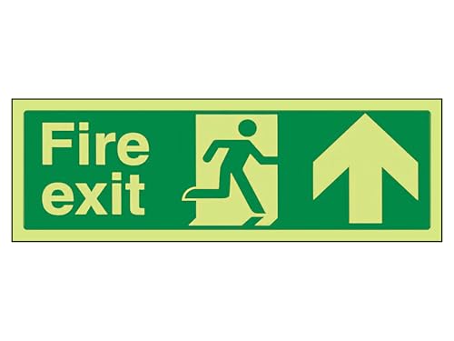 Image of The Workplace Depot Fire Exit Up Glow-in-the-Dark Safety Sign, 150(H) x 450(W) mm Photoluminescent PVC Sign, Running Man with Up Arrow, 8+ Hour Glow – For Offices & Warehouses