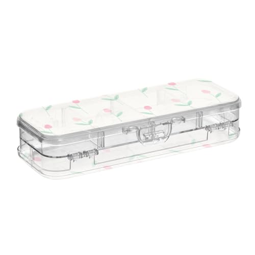 EtherSpher Caja de lápices de plástico transparente de 2 capas con diseño de tulipanes rojos de dibujos animados para manualidades con cierre y tapa