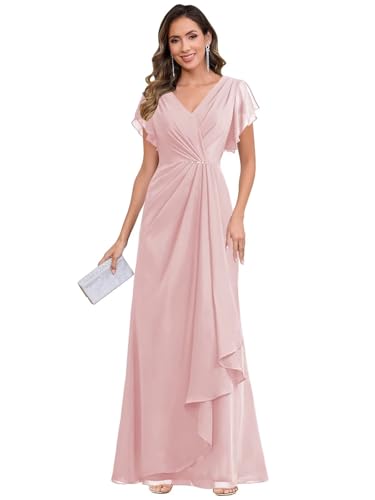 Sukleet Chiffon Mother of The Bride Dresses for Women Long V Neck Beading Formal Evening Dress with Sleeves