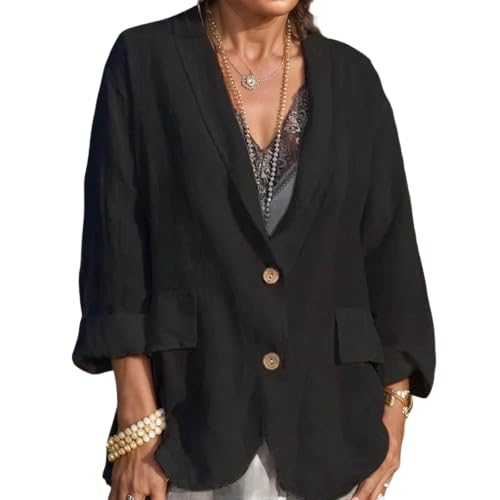 Women's Cotton Linen Blazer Jackets 3/4 Sleeve Casual Lightweight Notch Lapel Button Blazers
