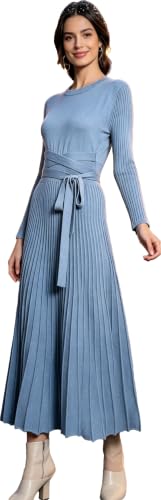Image of RanRui Womens Winter Fall Pleated Knitted Fit and Flare Long Sleeve Sweater Dress