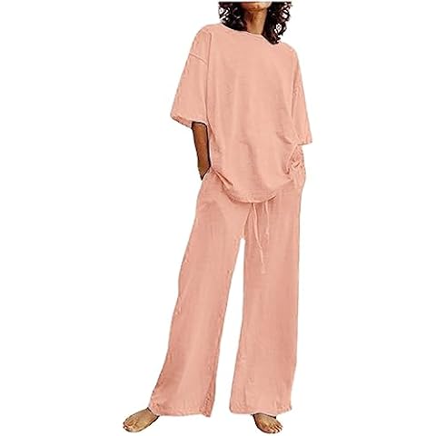 PETYCZEN Linen Set for Women 2 Piece Summer Outfits Casual Solid Short Sleeve Tops with Wide Leg Long Pants Sets Plus Size Drawstring Tracksuit Pajama Lounge Sets with Pockets(C-Pink,Large) Cover