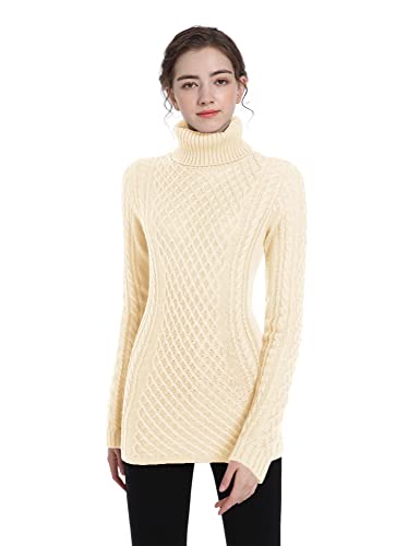 Image of v28 Women's Cotton Turtle Cowl Neck Aran Fishermen Fair Isle Cable Knit Sweater