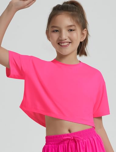 Image of EXARUS Girls Athletic Shirts Quick Dry Workout Split Back Crop Tops 6-14Y | Tween Athletic Sports Soccer Activewear Gym Running Dri Fit Teen Tennis Performance Hiking Short Sleeve Tees Kids 6-14Y