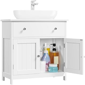 Foto di Yaheetech Mobile da Bagno Sottolavabo Mobiletto con Cassetto e Ripiano Portaoggetti Armadietto da Terra per Lavandino in MDF 60 × 30 × 60 cm Bianco