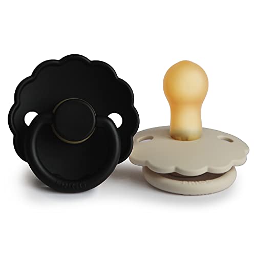 Image of FRIGG Daisy Natural Rubber Baby Pacifier | Made in Denmark | BPA-Free (Jet Black/Cream, 0-6 Months) 2-Pack