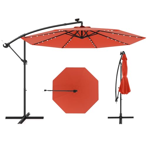 Tangkula 10 Ft Patio Offset Umbrella, 40 LED Lighted Market Umbrella W/8 Sturdy Ribs, Easy Tilt Adjustment & Crank, Polyester Shade, Ideal for Backyard, Garden, Seaside, Store, Pool (Orange)