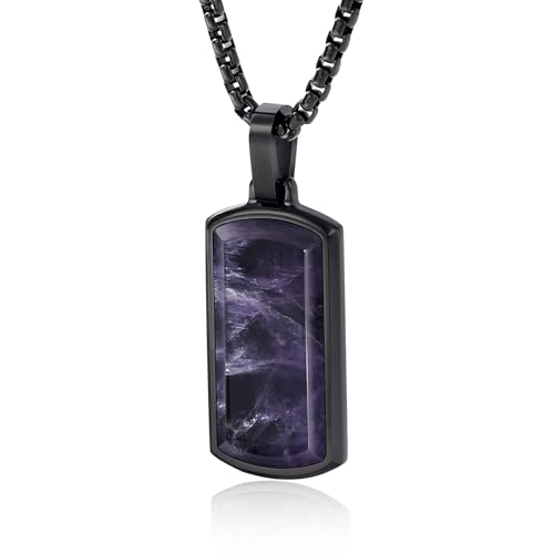 GTMJ Amethyst Necklace for Men Healing Crystal Stone Dog Tag Pendant with Stainless Steel Box Chains Everyday Wear Christmas Gifts