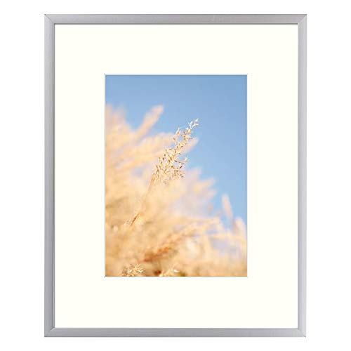 Frametory, 8x10 Aluminum Frame with Ivory Mat for 5x7 Photo, Easel Stand for Tabletop, Sawtooth Hanger, Swivel Tabs, Great for Celebrations, Family Photos, Events, and Homes (Silver)