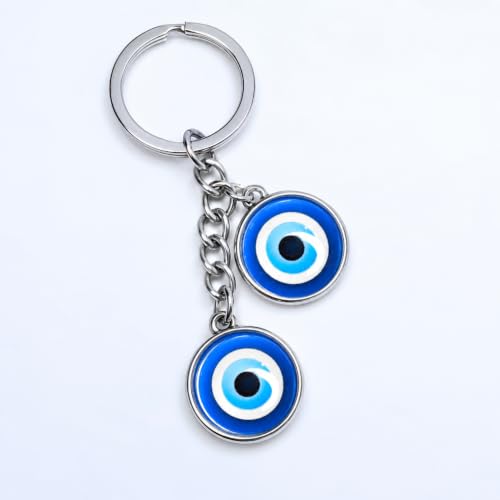 Image of Evil Eye Keychain with Double Blue Charm, Silver Chain