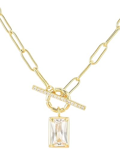 Gold Toggle Necklace – 18K Gold Plated Necklace with Rectangle Pendant & Sparkling Zircon, Hypoallergenic Jewelry for Women