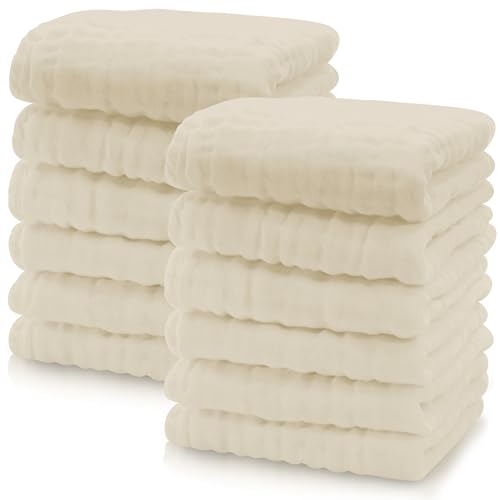 Image of Cute Castle 12 Pack Muslin Baby Washcloths - Large 12'' by 12'' - Ultra Soft 100% Cotton - Super Absorbent Burp Cloths for Unisex, Boy, Girl -Ivory