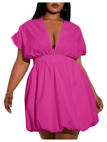 Image of WDIRARA Women's Plus Size Deep V Neck Bubble Dress Short Sleeve A Line Mini Dresses