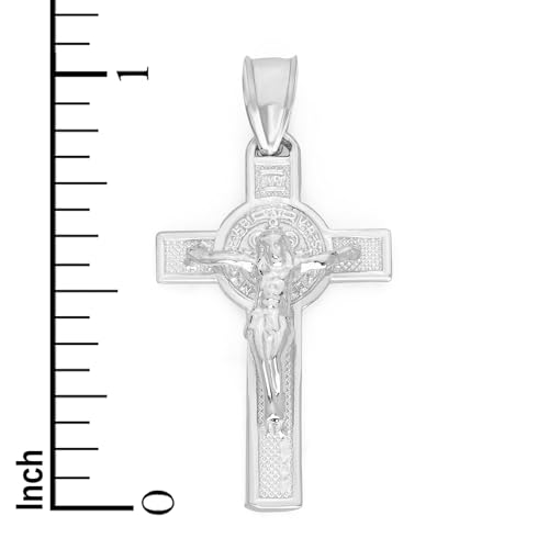 Solid 14k White Gold Crucifix Necklace - Doublesided Cross with Saint Benedict Pendant, Religious Jewelry Gifts4