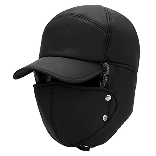 3 In 1 Bombermütze mit Full Face Ohrenklappe Winddichte Baseball Skimütze Abnehmbare Trappermütze mit Fell gefüttert zum Skifahren Jagd Fahren Reiten Angeln(Schwarz) Cover