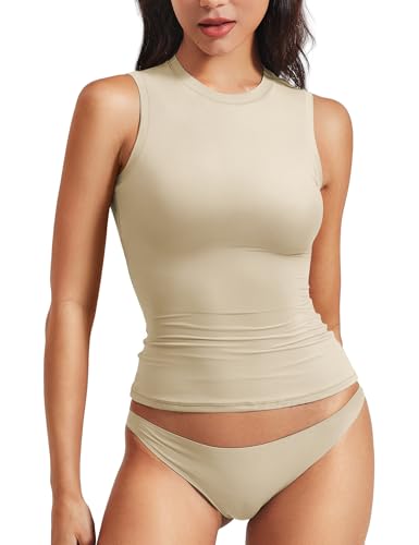 Image of YEOREO Women Basic Mock Neck Workout Crop Top Sleeveless Double Lined Tank Tee Slim Fitted Ruched Going Out Camisole