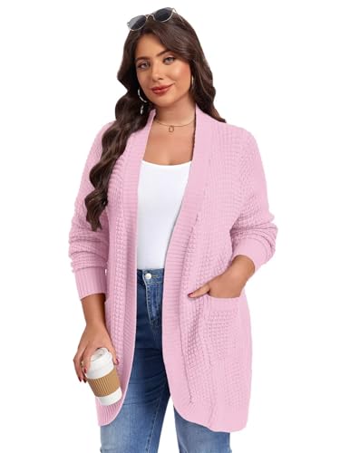 Image of LARACE Long Cardigans for Women Plus Size Tops Open Front Sweaters with Pockets Waffle Ribbed Sleeve Loose Fall Outwear