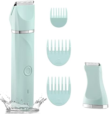 Waterproof Bikini Trimmer Women Electric Razor for Bikini Legs Pubic Hair Rechargeable Electric Shaver for Women Hair Removal with Snap-in Ceramic Blades IP7X Washable Head,Wet and Dry Use,Green