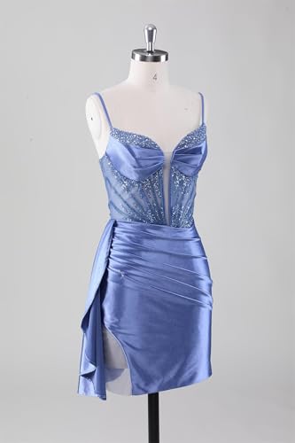 Beaded Lace Homecoming Dresses 2025 Satin Spaghetti Strap Mini Prom Cocktail Gown3