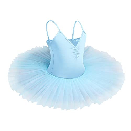 IBAKOM Vestido tutú de ballet para niñas, cuello en V, camisola, leotardo, bailarina, baile, gimnasia, tirantes delgados, sin mangas, traje de baile, azul claro, 11-12 años