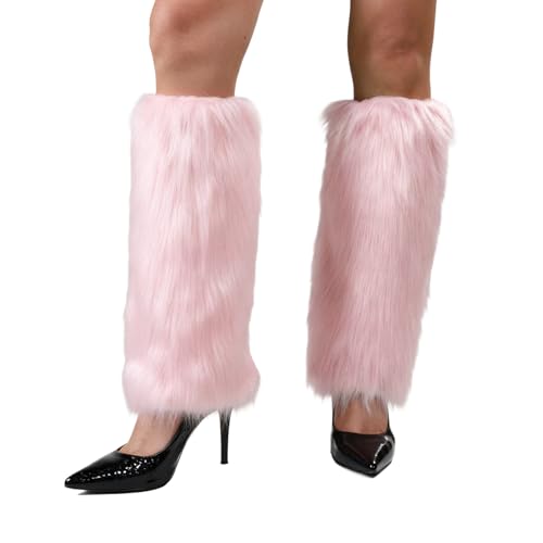 WMG Furry Faux Fur Leg Warmers For Women Fur Long Boot Covers Fluffy and Stretchy Leg Warmers For Christmas High Heels Boots (Pink)