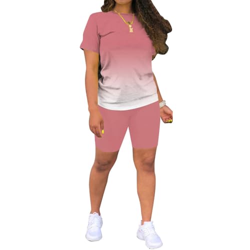 PINSV Women'S 2 Piece Outfits Summer Printing Bodycon Short Pants Workout Sets Two Tracksuit Tshirt Shorts Jogger Set Purple Gradient A L