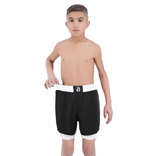 2BOLD MMA Kid’s 2 in 1 Board Shorts BJJ Built in Compression Lining Athletic Gym Boxing Jiu-Jitsu No-Gi Grappling Shorts3