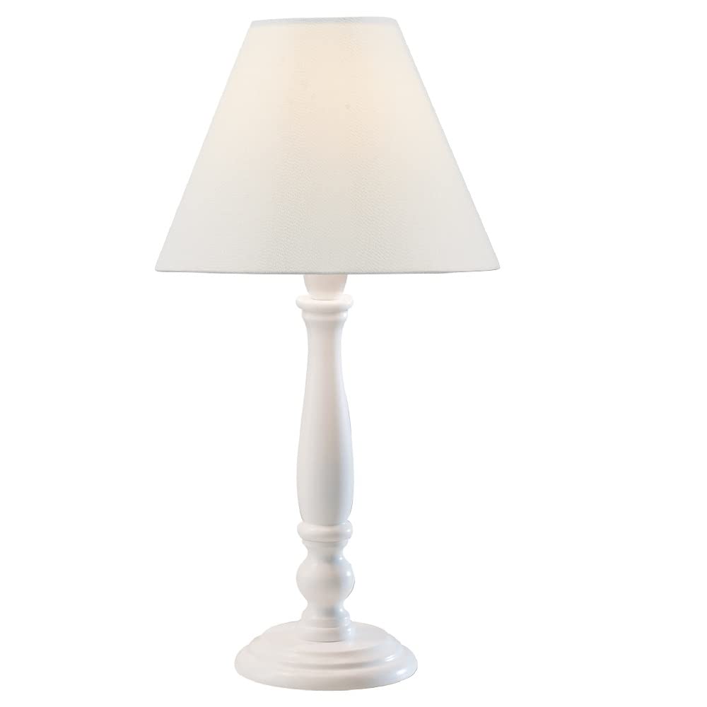 Matt White Wooden Vintage Rustic Candlestick Table Lamp with Cotton Fabric Tapered Shade | 44cm Height | 1 x BC B22 Lamp Bulb Required | UK Approved | Lampholder Push Bar Switch | Lathe Turned