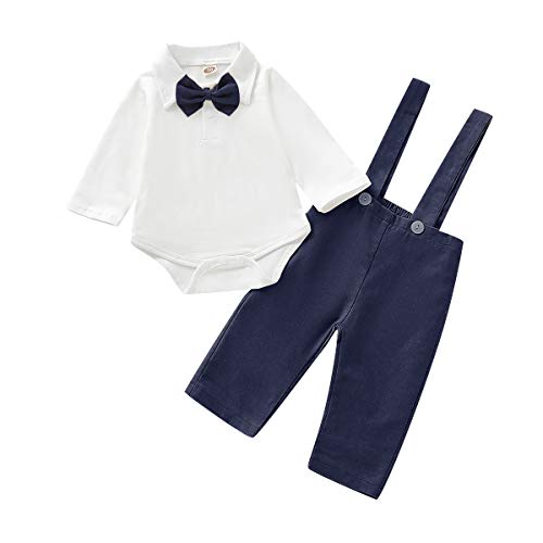 Baby Boys Formal Suit Romper Suspenders Pants Bowtie Gentleman Wedding Tuxedo Christening Birthday Photo Shoot Outfits Navy Blue 0-3 Months