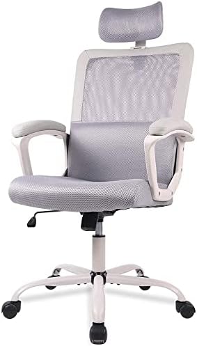 Desk Chair, Ergonomic Mesh Office Chair High Back Computer Chair with Adjustable Headrest,Lumbar Support, Tilt Function,Swivel Rolling, Soft PU Armrest Task Chair Home Office Desk Chairs, Grey