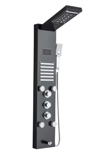 Pannello Doccia LED SPA con Cascata e Getti Massaggianti – Display Digitale Temperatura, Torre Doccia Multifunzione da Parete in Acciaio Inox per Bagno Moderno – (8004 Nero)
