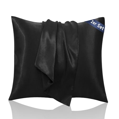 Taie Oreiller 65x65 Satin - Similaire aux Taie d Oreiller en Soie Lot de 2, Prend Soin de Votre Peau et de Vos Cheveux, Housse Coussin Satin Protege Oreiller (Noir,...